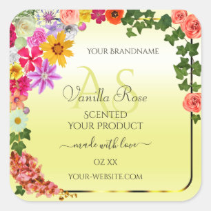 Pegatina Cuadrada Etiquetas de producto amarillo claro floral con mo