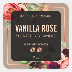 Pegatina Cuadrada Etiquetas de productos de cosecha de flores negras