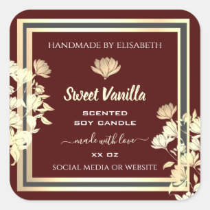 Pegatina Cuadrada Etiquetas de productos de oro de Borgoña Floral pa