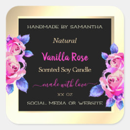 Pegatina Cuadrada Etiquetas de productos Floral Púrpura Negra y Oro