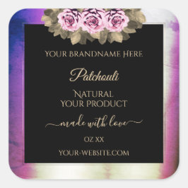 Pegatina Cuadrada Etiquetas de productos negras con flor de mármol p