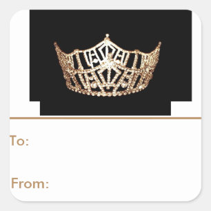 Pegatina Cuadrada Etiquetas de regalo de Miss America Gold Crown Pee