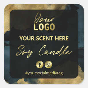 Pegatina Cuadrada Etiquetas De Velas De Soja De Tinta Azul De Oro Y