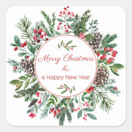 Pegatina Cuadrada Etiquettes Florales Merry Christmas Happy New Year