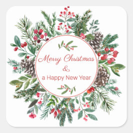 Pegatina Cuadrada Etiquettes Florales Merry Christmas Happy New Year