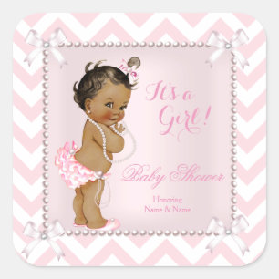 Pegatina Cuadrada Etnia de Chevron Blanco Perla Rosa Chica de Baby S