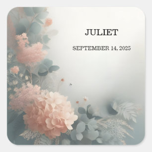 Pegatina Cuadrada Eucalipto Encaje Tulle Azul Polvo Llovizna Nupcial