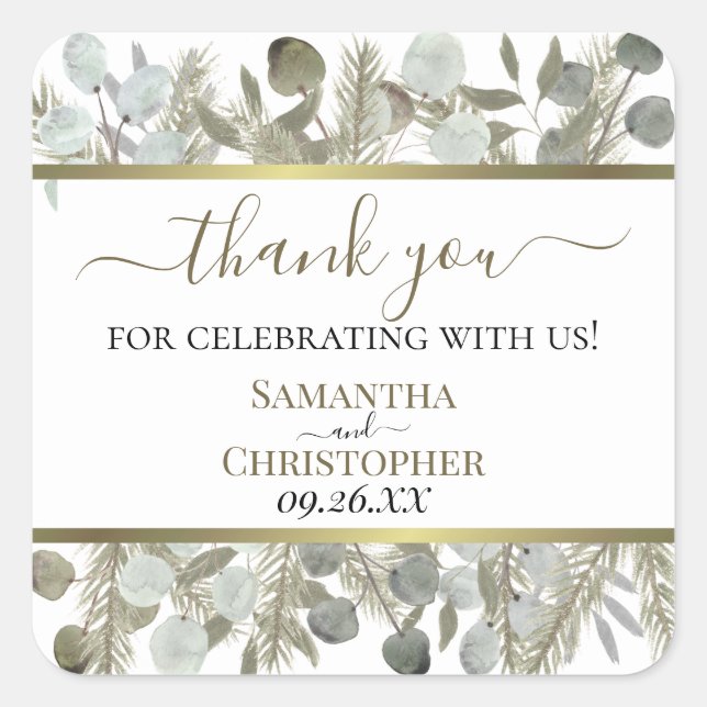 Pegatina Cuadrada Eucalipto y Pino Rústico Gracias Boda (Anverso)