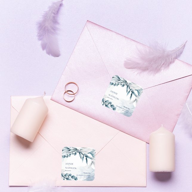 Pegatina Cuadrada Eucalyptus deja un Boda azul turbio gracias (Eucalyptus Leaves Dusty Blue Wedding Thank You Square Sticker)