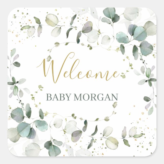 Pegatina Cuadrada Eucalyptus Foliage Baby Shower (Anverso)