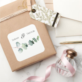 Pegatina Cuadrada Eucalyptus Greenery Elegante Boda Minimalista