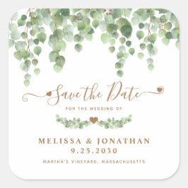 Pegatina Cuadrada Eucalyptus Greenery Gold Wedding Save The Date