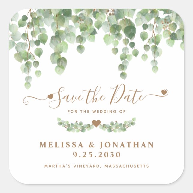 Pegatina Cuadrada Eucalyptus Greenery Gold Wedding Save The Date (Anverso)