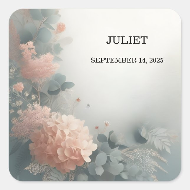 Pegatina Cuadrada Eucalyptus Lace Tulle Dusty Blue Bridal Shower (Anverso)