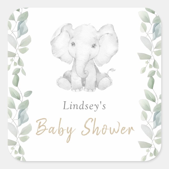 Pegatina Cuadrada Eucalyptus Little Elephant Baby Shower (Anverso)