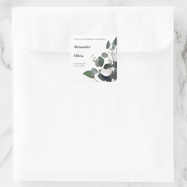Pegatina Cuadrada Eucalyptus moderno a favor de la boda (Bolso)