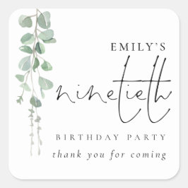 Pegatina Cuadrada Eucalyptus Script 90 cumpleaños Gracias