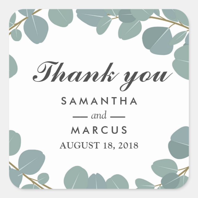 Pegatina Cuadrada Eucalyptus Wreath Greenery Boda Gracias (Anverso)