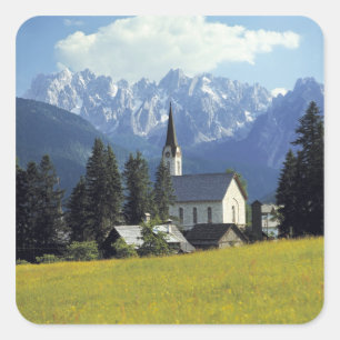 Pegatina Cuadrada Europa, Austria, Gosau. La aguja de la iglesia