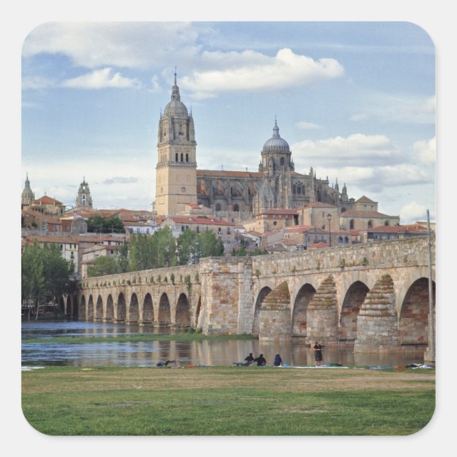 Pegatina Cuadrada Europa, España, Salamanca. El puente romano sobre (Anverso)