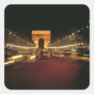 Pegatina Cuadrada Europa, Francia, París. Tráfico nocturno apresurad