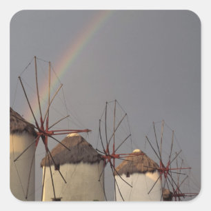Pegatina Cuadrada Europa, Grecia, Mykonos. molino de viento con arco