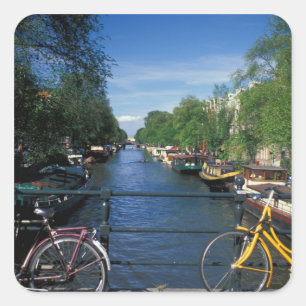 Pegatina Cuadrada Europa, Holanda, Ámsterdam, bicicleta amarilla y