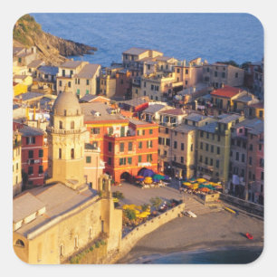 Pegatina Cuadrada Europa, Italia, Cinque Terre. Pueblo de Vernazza