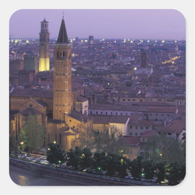 Pegatina Cuadrada Europa, Italia, Verona, Vista desde el Castel S. (Anverso)