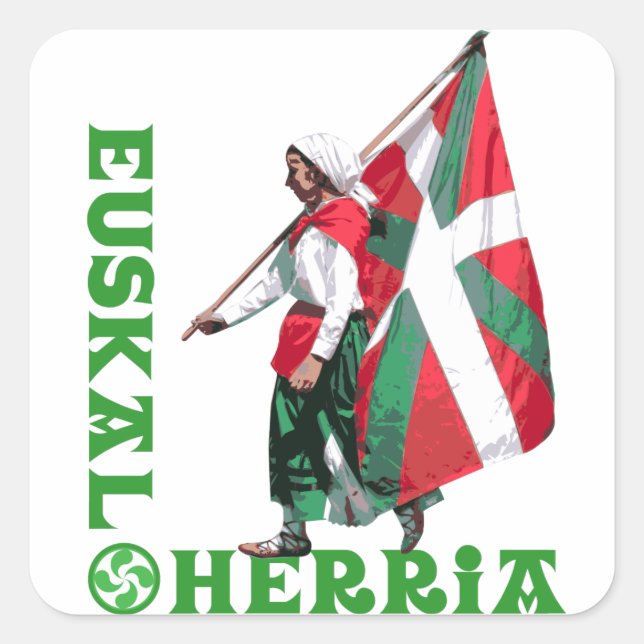 Pegatina Cuadrada Euskal Herria: Chica con la bandera vasca Ikurrina (Anverso)