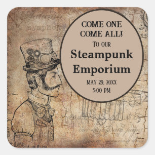 Pegatina Cuadrada Evento Personalizado de Steampunk Inventor Top Hat
