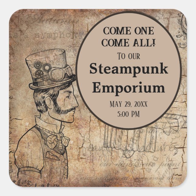 Pegatina Cuadrada Evento Personalizado de Steampunk Inventor Top Hat (Anverso)