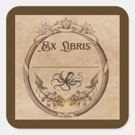 Pegatina Cuadrada Ex libris antiguo con pulpo