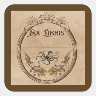 Pegatina Cuadrada Ex libris antiguo con pulpo