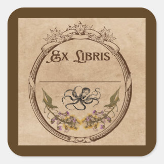 Pegatina Cuadrada Ex libris antiguo con pulpo