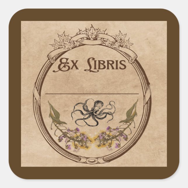 Pegatina Cuadrada Ex libris antiguo con pulpo (Anverso)