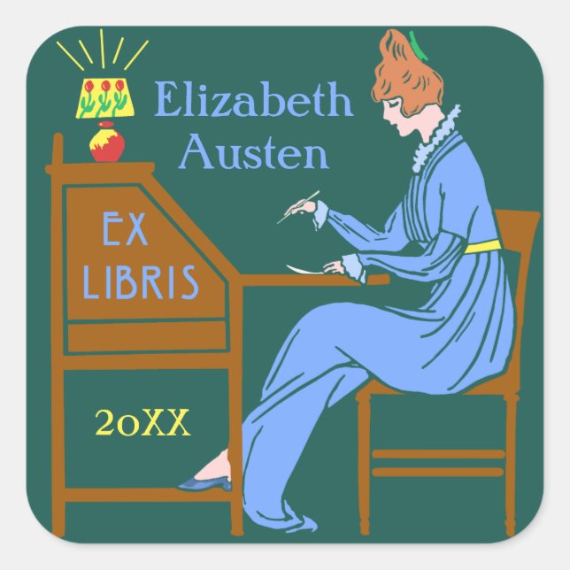 Pegatina Cuadrada Ex Libris Bookplate Deco Lady Personalizado de esc (Anverso)