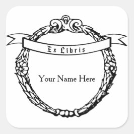 Pegatina Cuadrada Ex Libris Bookplate Vintage Wreath con cinta