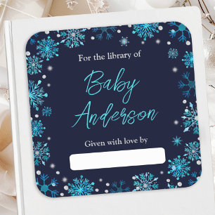 Pegatina Cuadrada Ex libris de Baby Shower de Copos de Nieve Azules 