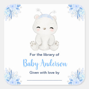 Pegatina Cuadrada Ex libris de Baby Shower de Oso Polar de Invierno 