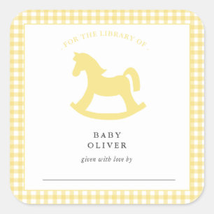 Pegatina Cuadrada Ex libris de bebé neutro en gingham amarillo