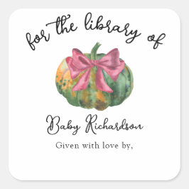 Pegatina Cuadrada Ex libris de calabaza con lazo en acuarela para Ba