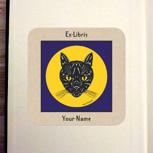 Pegatina Cuadrada Ex libris de cara de gato negro