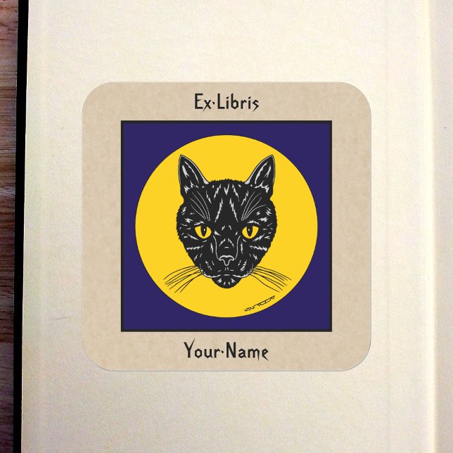 Pegatina Cuadrada Ex libris de cara de gato negro (Black Cat Face Bookplate in Old Book)