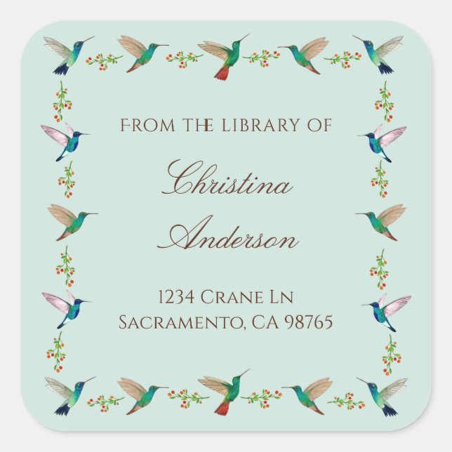 Pegatina Cuadrada Ex libris de colibrí (Anverso)