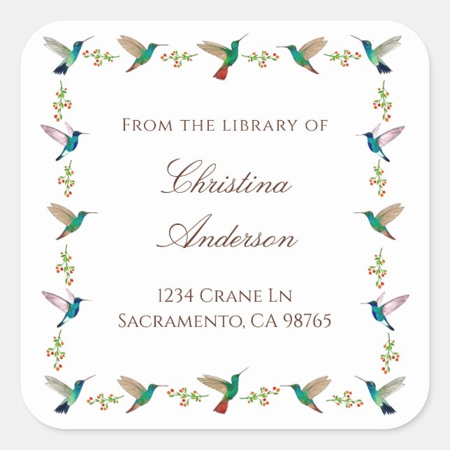Pegatina Cuadrada Ex libris de colibrí (Anverso)