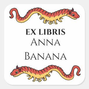 Pegatina Cuadrada Ex libris de dragón medieval gusano lagarto