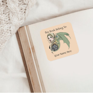 Pegatina Cuadrada Ex libris de Elfo Guerrero Dragón Fantasía Mágica