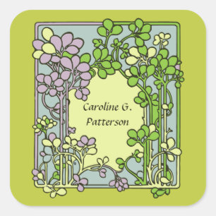 Pegatina Cuadrada Ex-Libris de estilo Art Nouveau floral