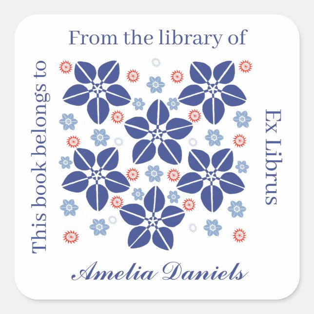Pegatina Cuadrada Ex libris de flores orientales (Anverso)